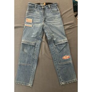 Y2K  Men's Icon Anthem Motorcycle Biker Blue Denim Asphalt Jeans Pants 34x33